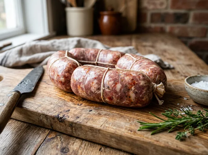 Chorizo Santarrosano crudo amarrado con hilo sobre tabla de madera: se ve el picado de la carne a través de la tripa