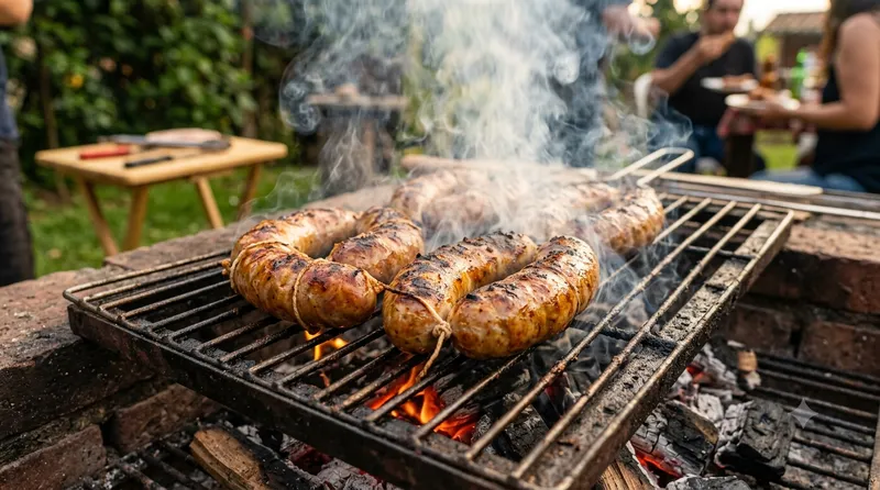 Chorizos Santarrosanos dorándose sobre parrilla de carbón con humo