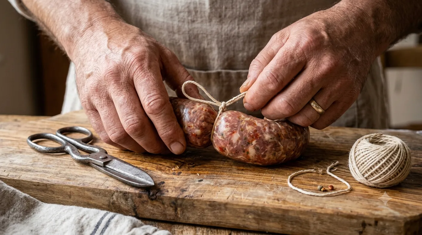Manos atando un chorizo con hilo sobre tabla de madera, tijeras y ovillo al lado